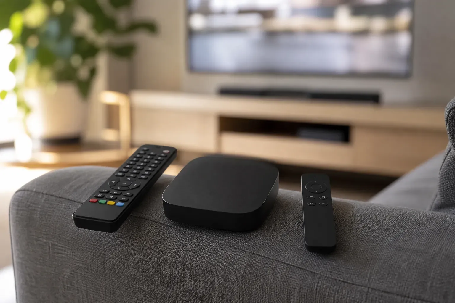 Téléviseur, box internet et enceinte avec leurs télécommandes